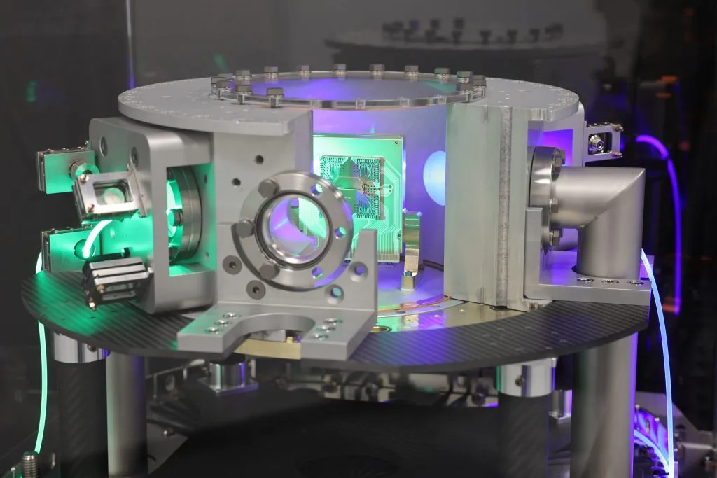 Close-up of ion-trap quantum computing hardware